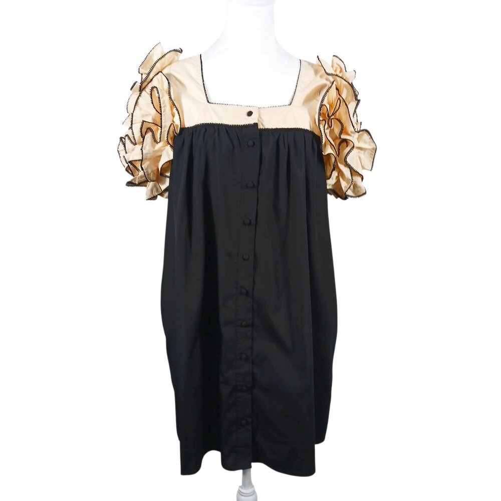 Entro NWT Medium Manhattan Chic Dress, Black W/ Cream Oversized Ruffled Sleeves